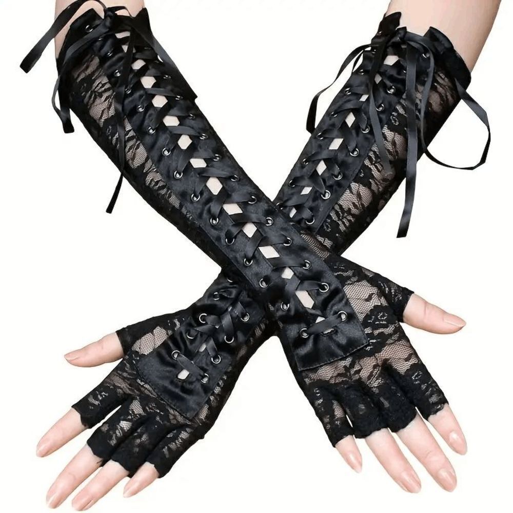Wicked Silk Victorian Emo Goth Lace-up Fingerless Gloves [One Size]